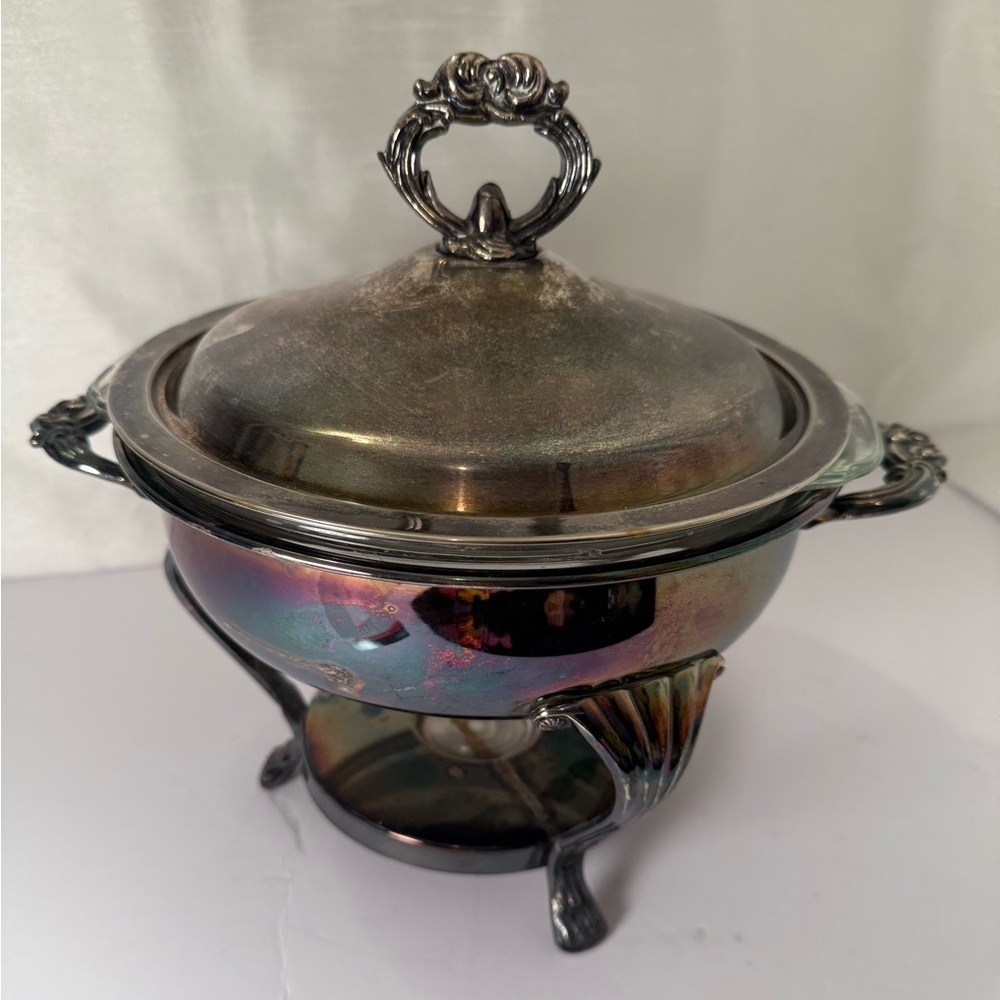 Antique 3 Piece Raimand Silver Plated 3 Footed Chafing Dish W/ Lid, Fire King